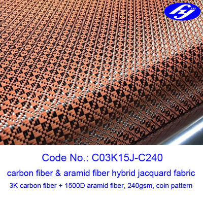 Jacquard Coin Pattern Carbon Aramid Fabric Black / Red Carbon Aramid Hybrid Fabric
